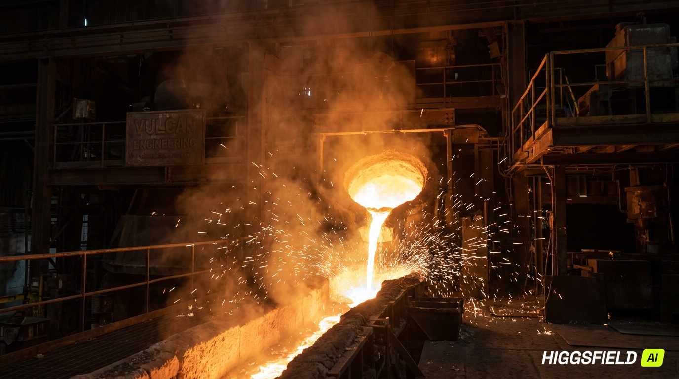 Molten iron being poured on the foundry floor